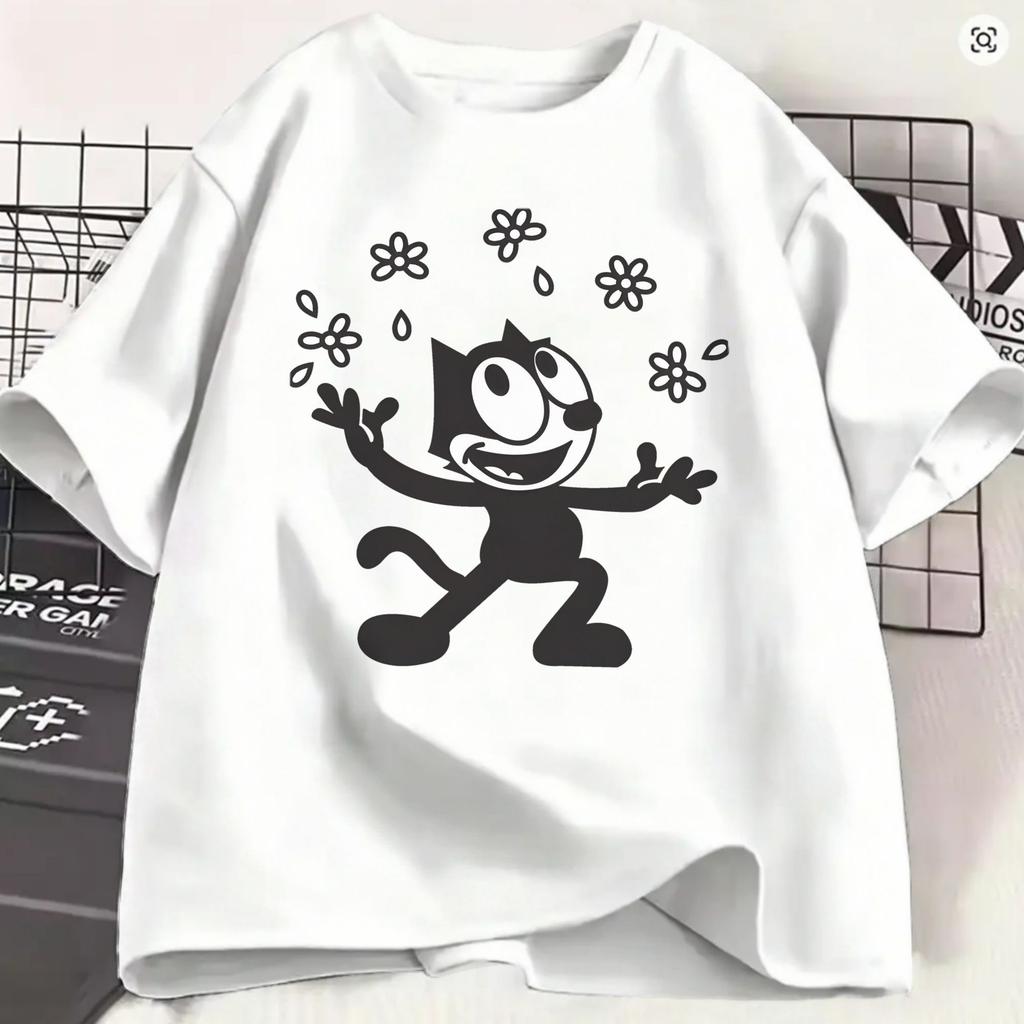 Ffelixs Black Cat Unisexs T Shirt Alien Abduction Vintage Tees Short Sleeve Crew Neck Tshirts Cotton Plus Size Clothing