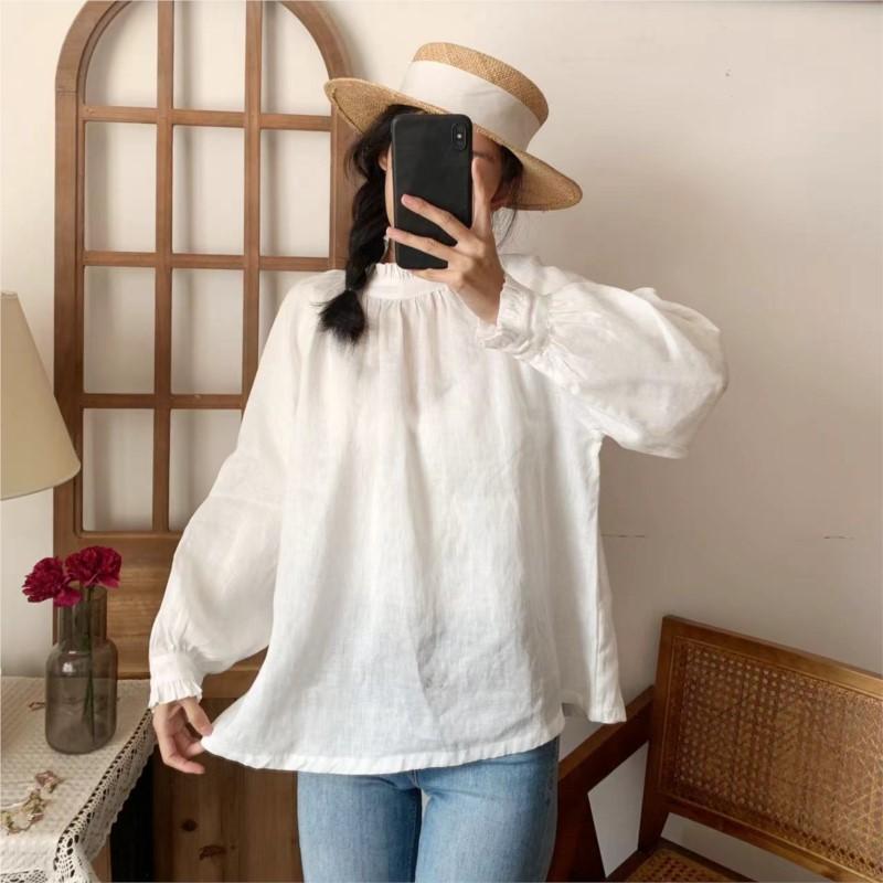 Johnature Women Shirts Summer Vintage Loose Solid Color Button Loose Thin Sunscreen Female Blouses