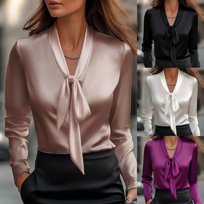 Spring Autumn Lace-up Bow Tie Collar Women Blouse Elegant 2026 Long Sleeve Loose Sweet Office Lady Shirt Solid Color Casual Tops Simple Clothing