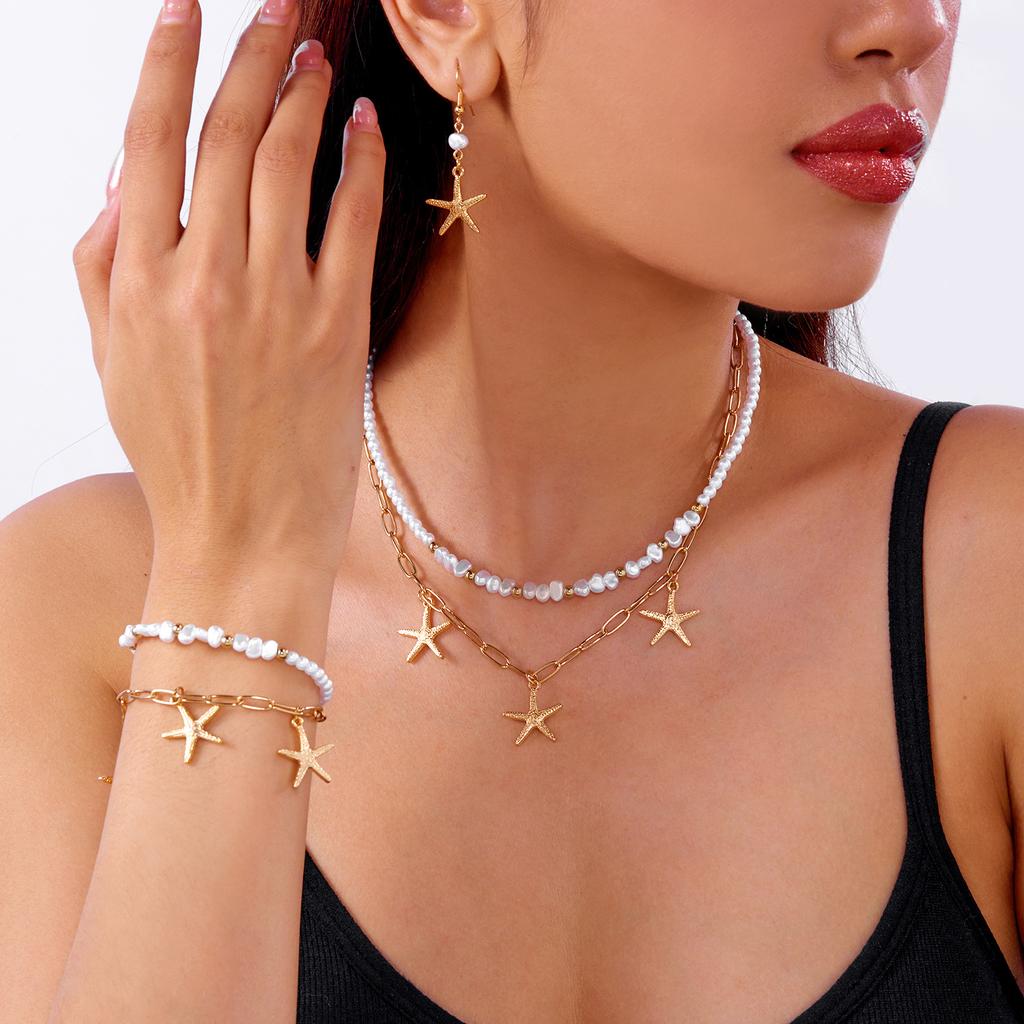 Bohemian Imitation Pearl Choker Necklace for Women Handmade Starfish Pendant Bracelet Earrings Girls Summer Beach Jewelry Set