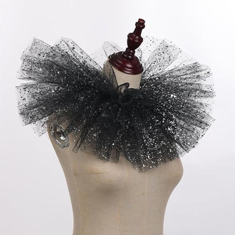 Elegant Victorian Metallic Foil Ruffled Tulle Faux Collar Shawl Detachable Layered Mesh Neck Ruff Clown Cosplay Choker