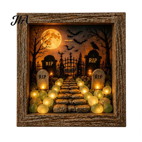 Seasonal Interior Decor Halloween Shadow Box Frame DIY Lighted Craft Kit, Wooden Night Light with Unique Gift for Lovers Sea Glass Stones, Gothic LED