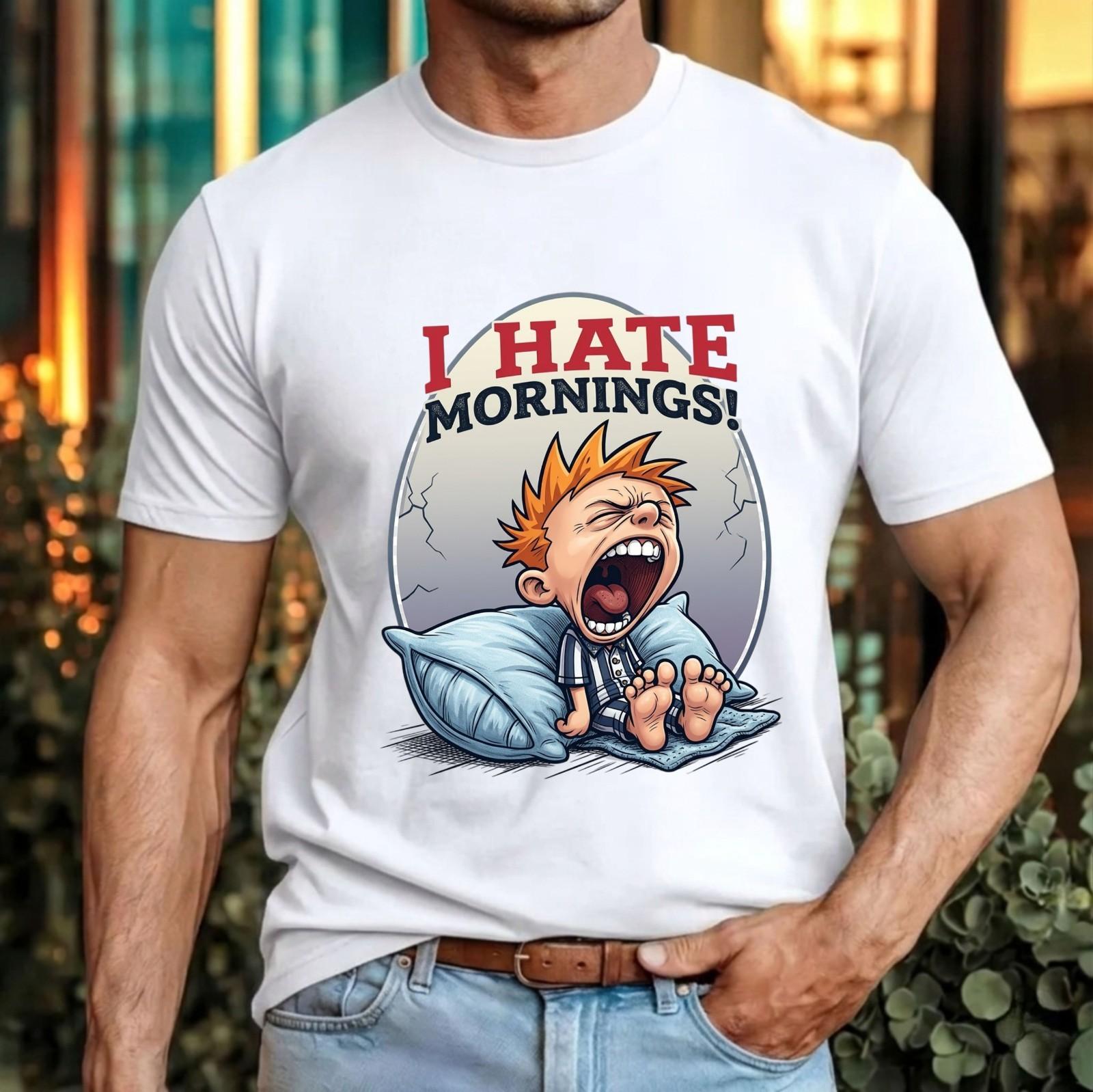 I Hate Mornings Funny Cartoon T-Shirt Retro Comic Sleep Gift Birthday Tee Top M