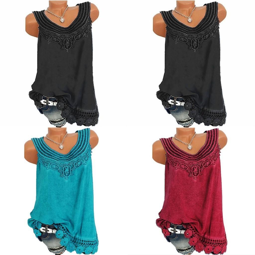 Women's Loose Sleeveless Vest T-shirt Blouse With Elegant Boho Lace Design In Plus Sizes