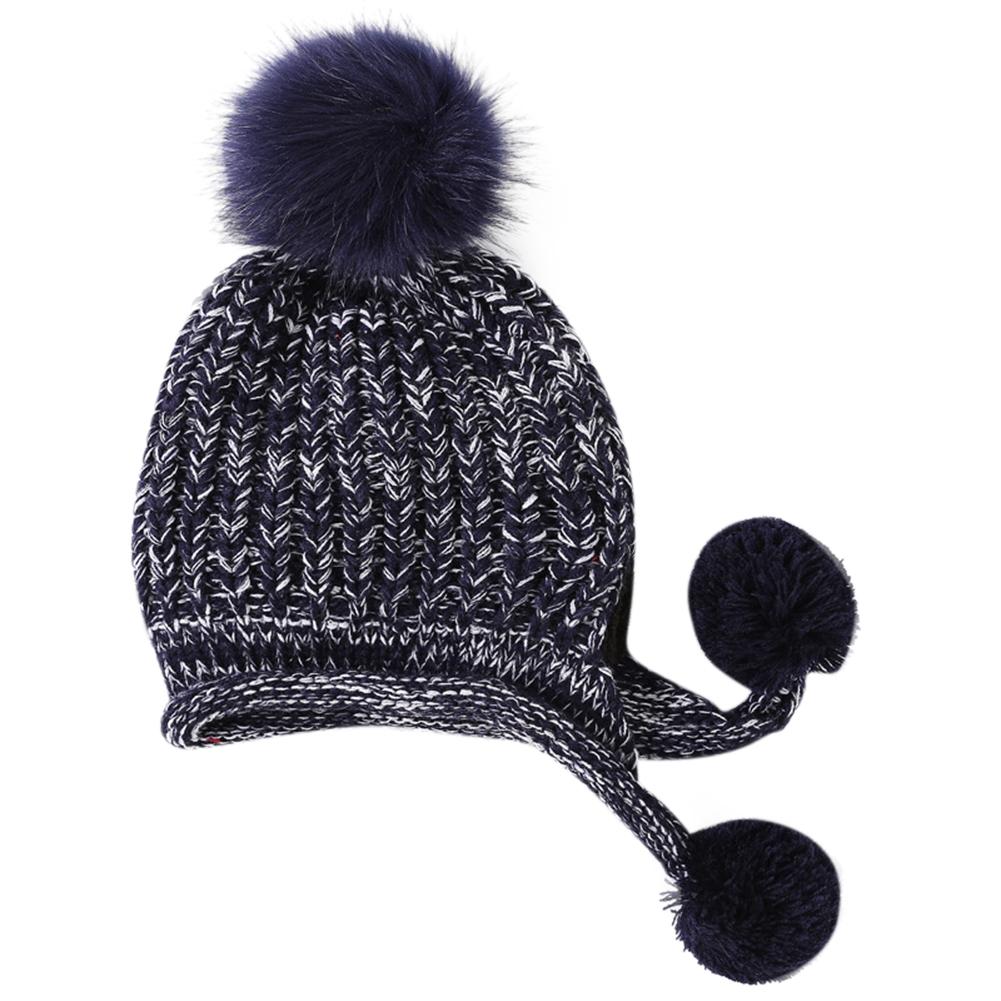 Women Winter Warm Knitted Cap Fleeced Earmuffs Cap with Cute Plush Balls