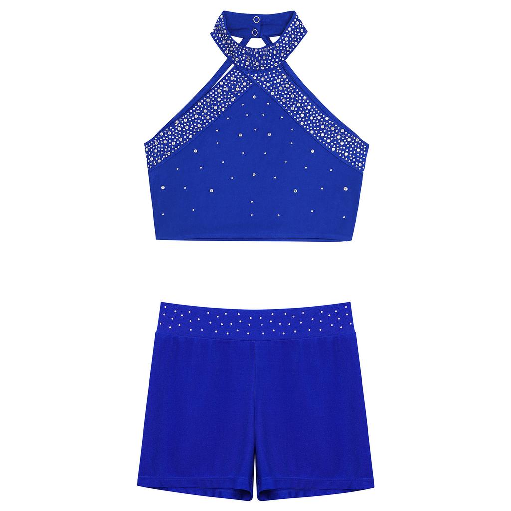 Gilet per Danza da Bambina con Schiena Scoperta a Incrocio Scollo all'Americana Senza Maniche e Cintura Scintillante con Strass Pantaloncini per Pattinaggio Artistico