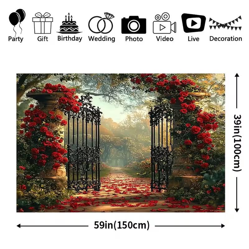2D Red Rose Garden Gate Backdrop Wedding Photography Background