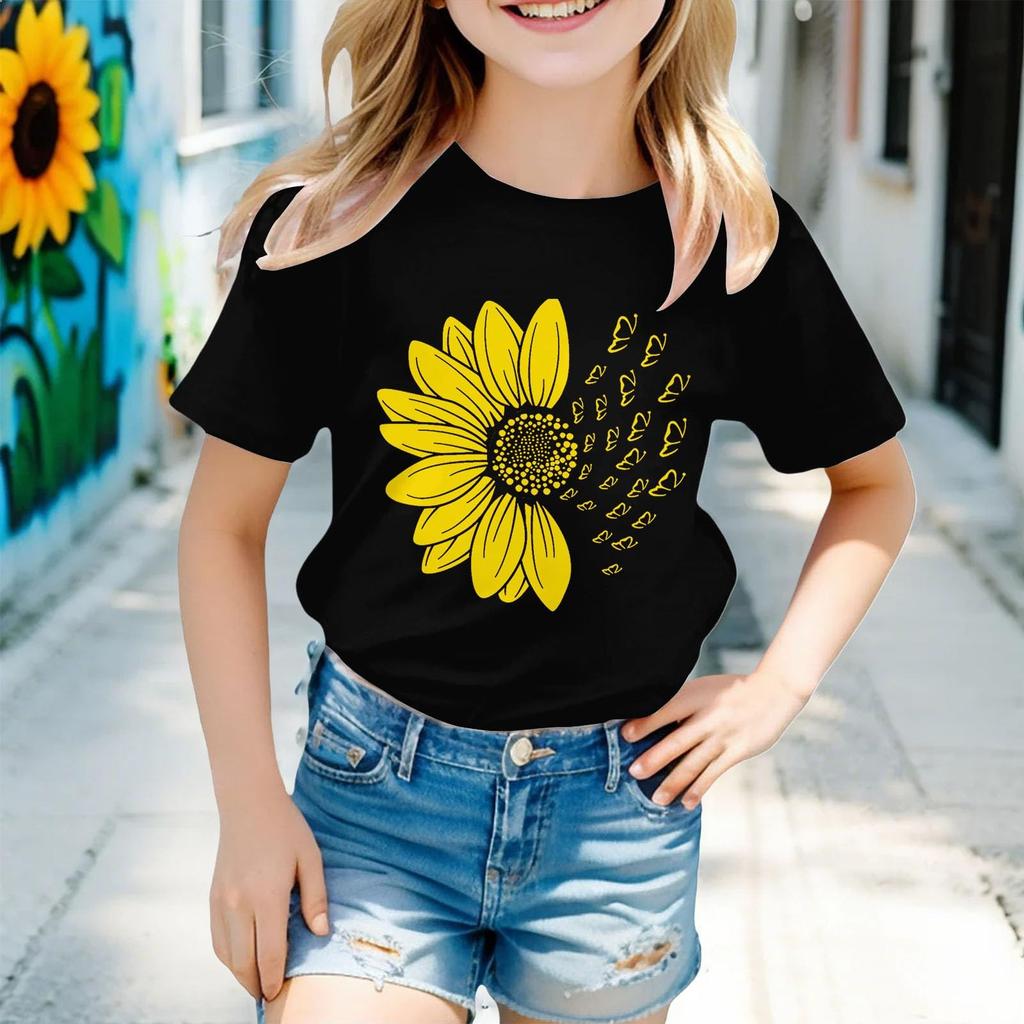Kids Fashion Short Sleeve Round Neck Floral Printed Casual T-Shirt Top