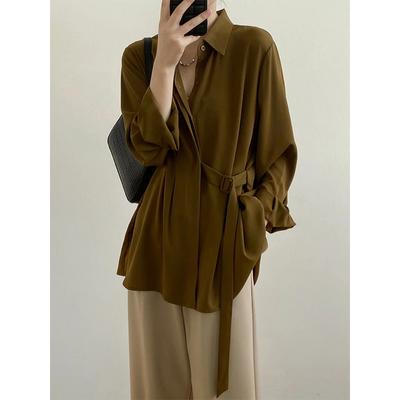 Camicie da donna eleganti con cintura e lacci, a maniche lunghe, larghe e chic, da ufficio, tinta unita e semplici.
