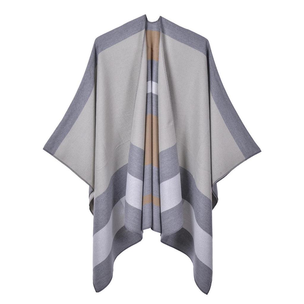 Stylish Striped Double-Sided Scarf Shawl: European & American Fashion Cape Women's Warm Outerwear Cardigan