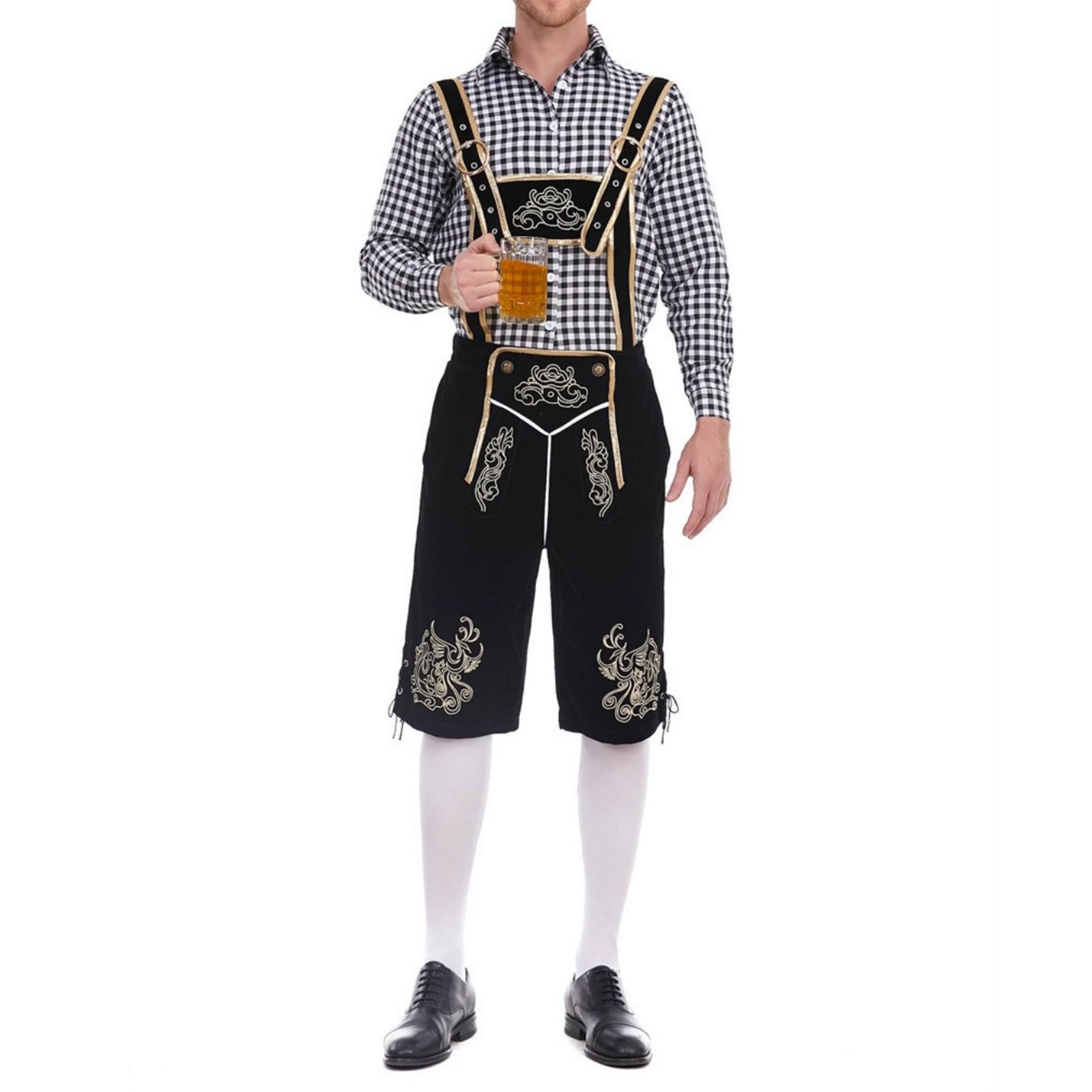 Men s Traditional Bavarian Outfit Lederhosen Set with Embroidered Suspenders and Checkered Shirt Suitable for Oktoberfest Costume Party XXXL чёрный