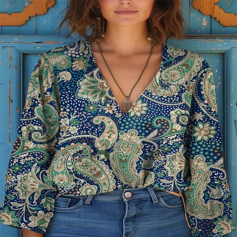 Women V Neck Paisley Print 3/4 Sleeve Casual Loose Bohemian Blouse Tops S