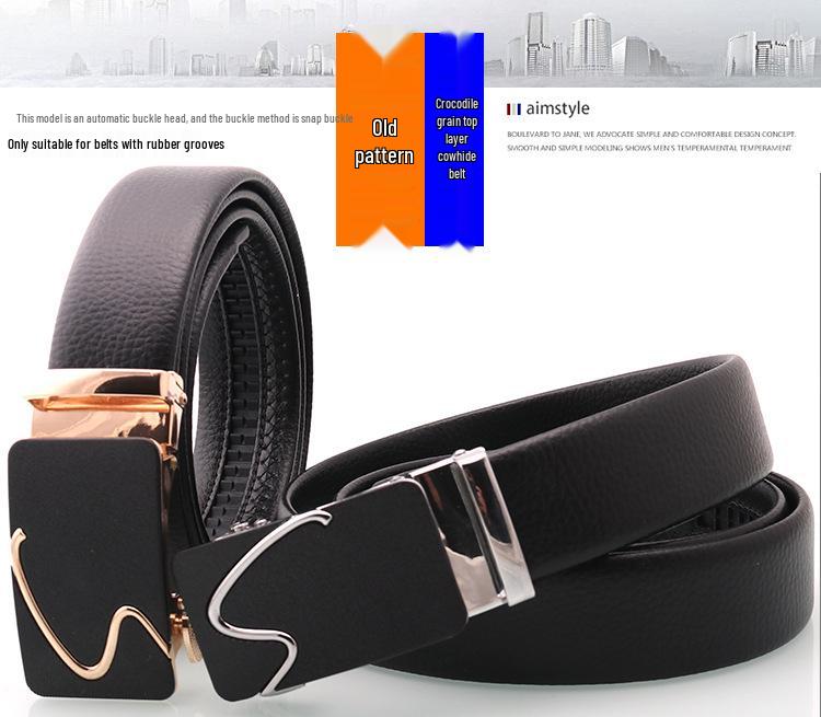 Hong Sheng Frosted Auto-Buckle Edge-Sealed Cowhide Belt Set - Classic Business Casual Men's Trend