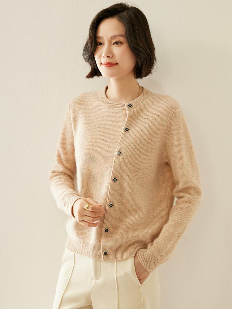2025 Autumn/Winter Women's Thickened Cashmere Cardigan - Round Neck, Speckled Yarn, Slanted Buttons, Long Sleeve Wool Knit Sweater Coat