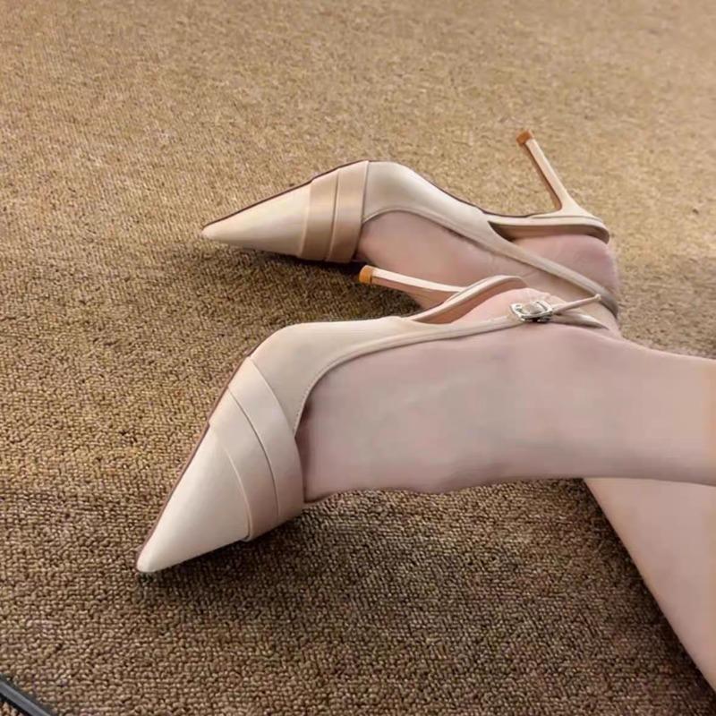 

2025 New Summer Women s High Heel Sandals Cross Rhinestone Square Head Open Toe Sandals Silk Sexy Stiletto High Heels Mules 35 телесный