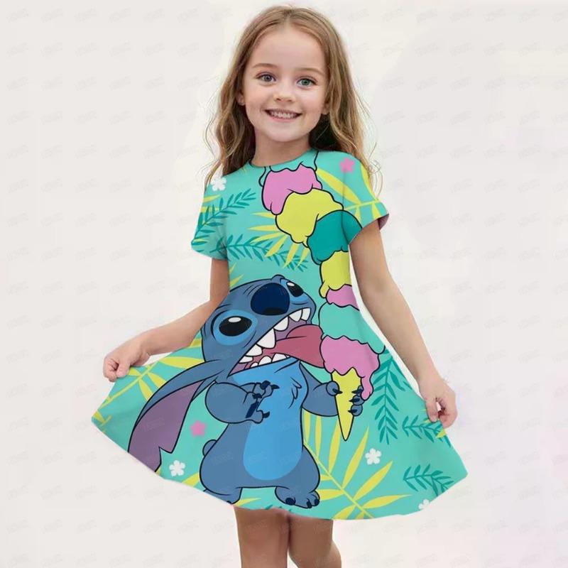 Disney Stitch Print Children's Dress, Birthday Party Girl Princess Summer Casual Soft Cute Costume Top, Hot Sale