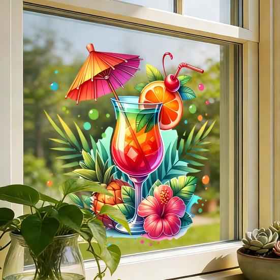 Summer Window Clings Cocktail Pineapple Hibiscus Flower Beach Pool Party Static PVC Stickers for Hawaiian Tropical Theme Home Decor