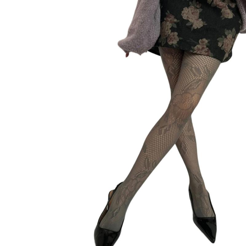 Korean Elegant Mesh Net Tights Hollowed Out Flower Pattern Stretch Full Length Stockings Fishnet Pantyhose for Women