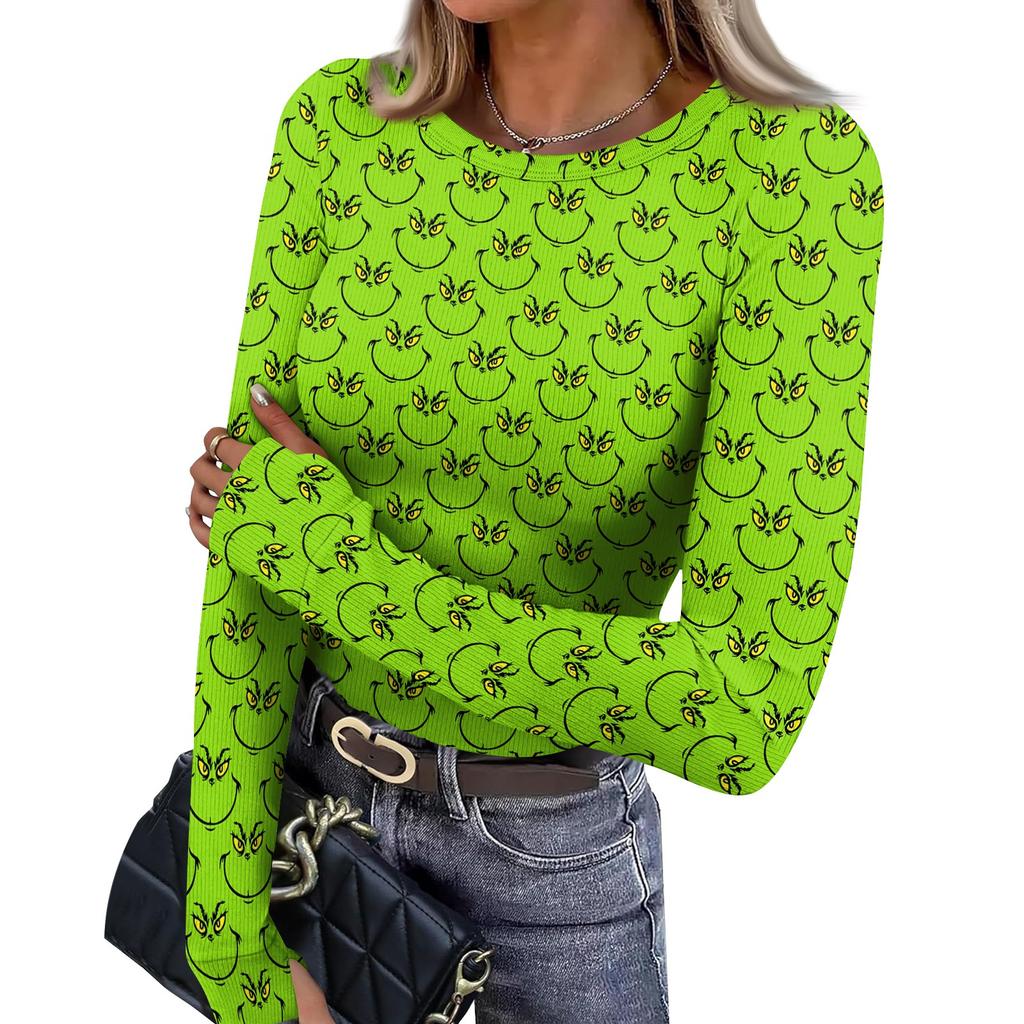 Women's Slim Fit Base Layer Long Sleeve Crewneck Pullover T-Shirt with Thumb Holes, Christmas Graphic Print Top