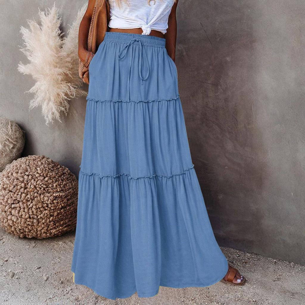 Women's Fashion Color Elastic Waist Skirt Loose Casual High Waist Tie Long Skirt