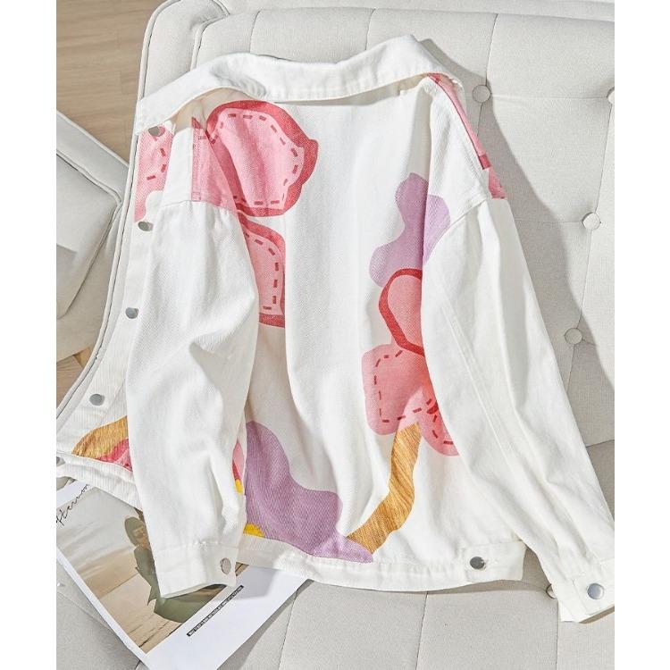 Vintage Floral Loose Fit Jean Jacket with Casual Hong Kong Style