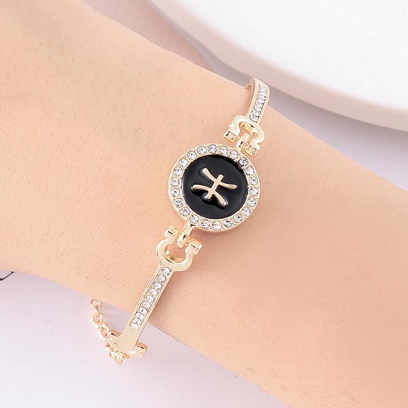 12 Zodiac Signs Bracelet for Women, Rose Gold Plated Inlaid Diamond Constellation Bangle, Fashion Couple Jewelry Gift
