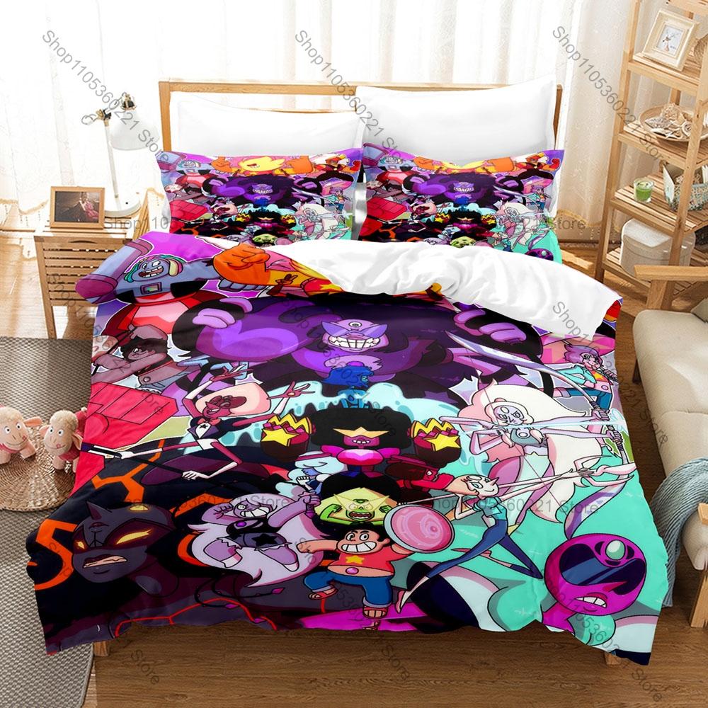 Cooles 3-in-1 Steven Universe Bettwäsche-Set, Bettbezug + Zwei Kissenbezüge, Niedlicher Anime-Kunstdruck Weicher Stoff Schönes Geschenk