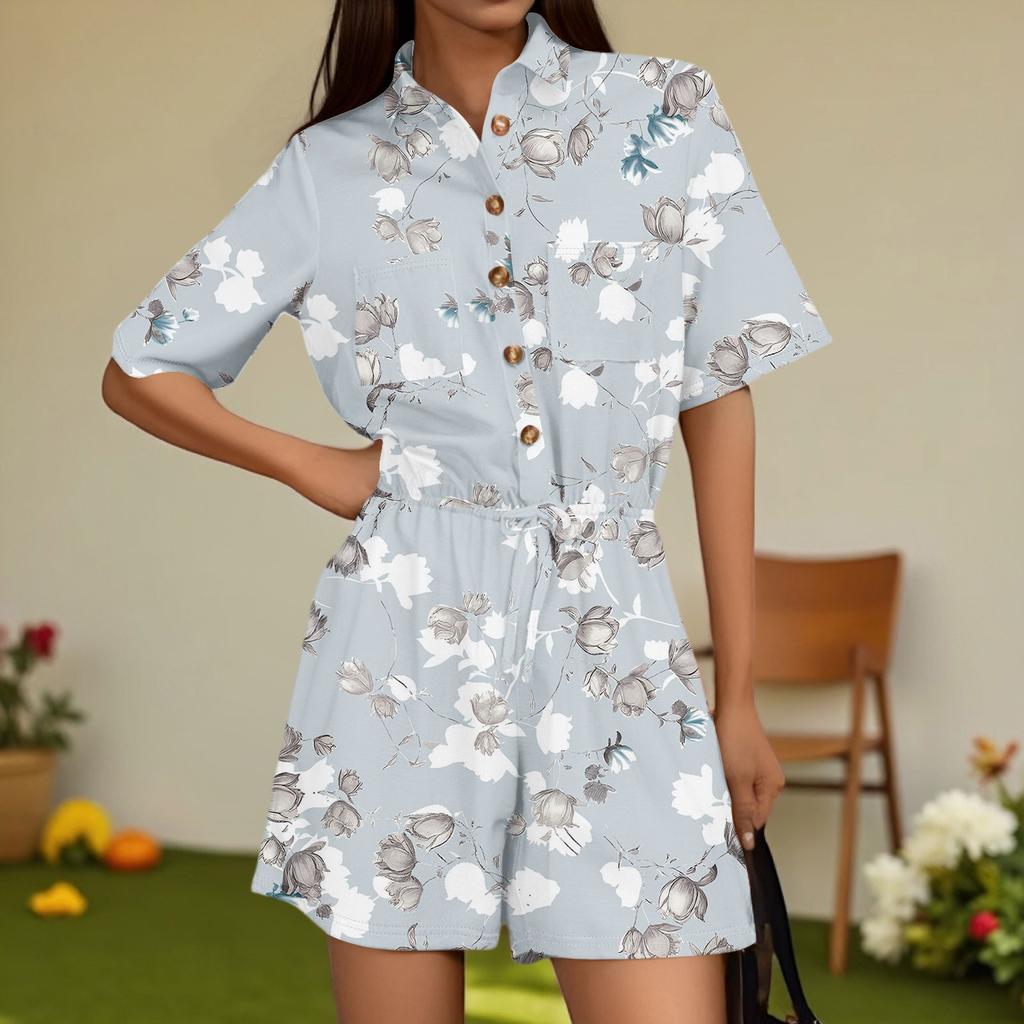 Damenmode V-Ausschnitt Jumpsuit Karomuster Lässig Kurzarm Top Jumpsuit