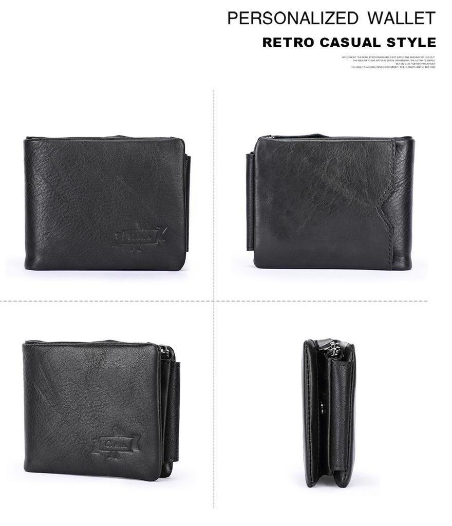 Black Angel Retro Crazy Horse Leather Tri-Fold Men's Wallet - Horizontal Design