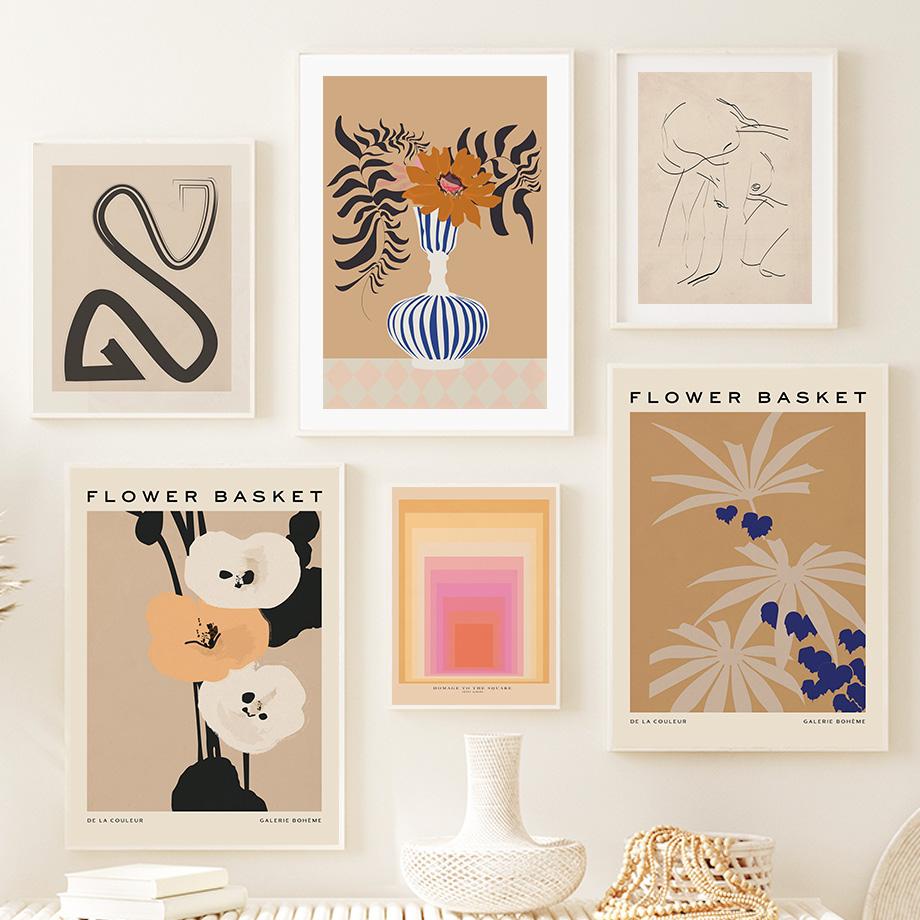 Vintage Flower Market Abstract Line Curve Wall Art Canvas Painting Nordic Posters And Prints Wall Pictures For Living Room Decor