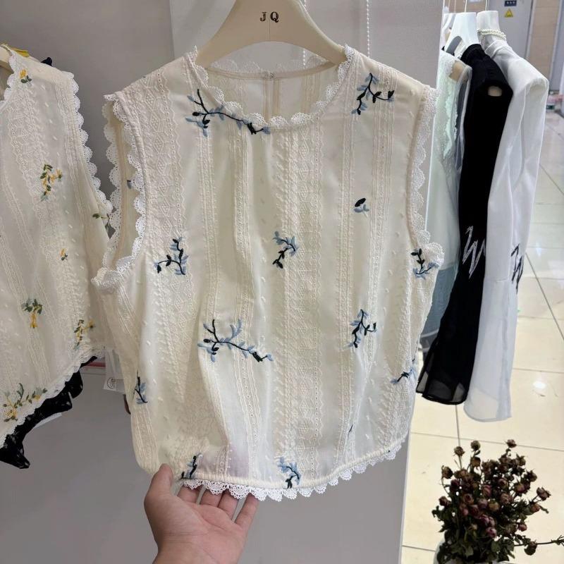 Round Neck Lace Splicing Sleeveless Vest for Women Summer Sweet Embroidered Flowers Casual Versatile Top