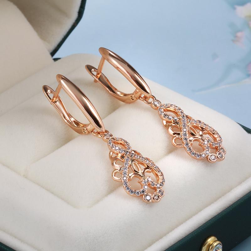 Trend Crystal Flower Long Dangle Earrings For Women Natural Zircon  Rose Gold Color Ethnic Bride Fine Daily Jewelry