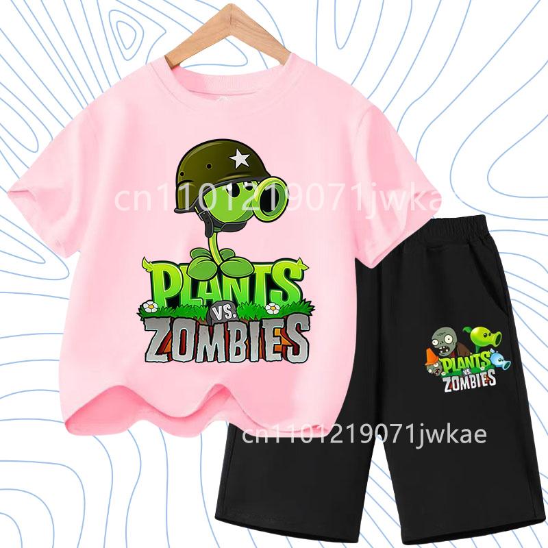 Children's Plants Vs. Zombies Short-Sleeved T-Shirt Set Cotton Summer Fashion Comfortable Top+pants for Boys and Girls