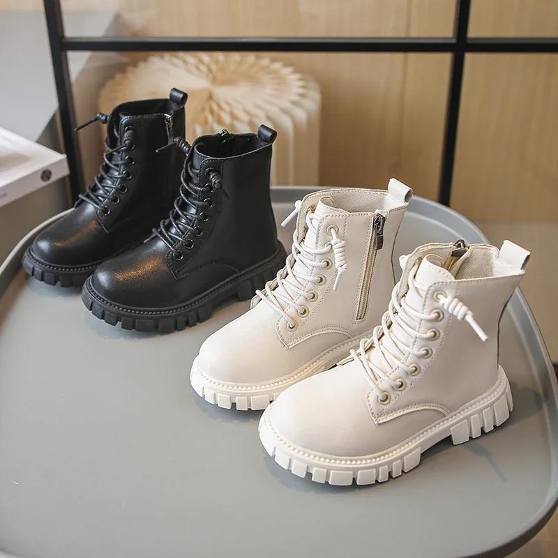 Spring Autumn Girls Ankle Boots Fashion School Kids Leather Boots Thick Bottom Non-slip Children's Platform Causal Boots Black