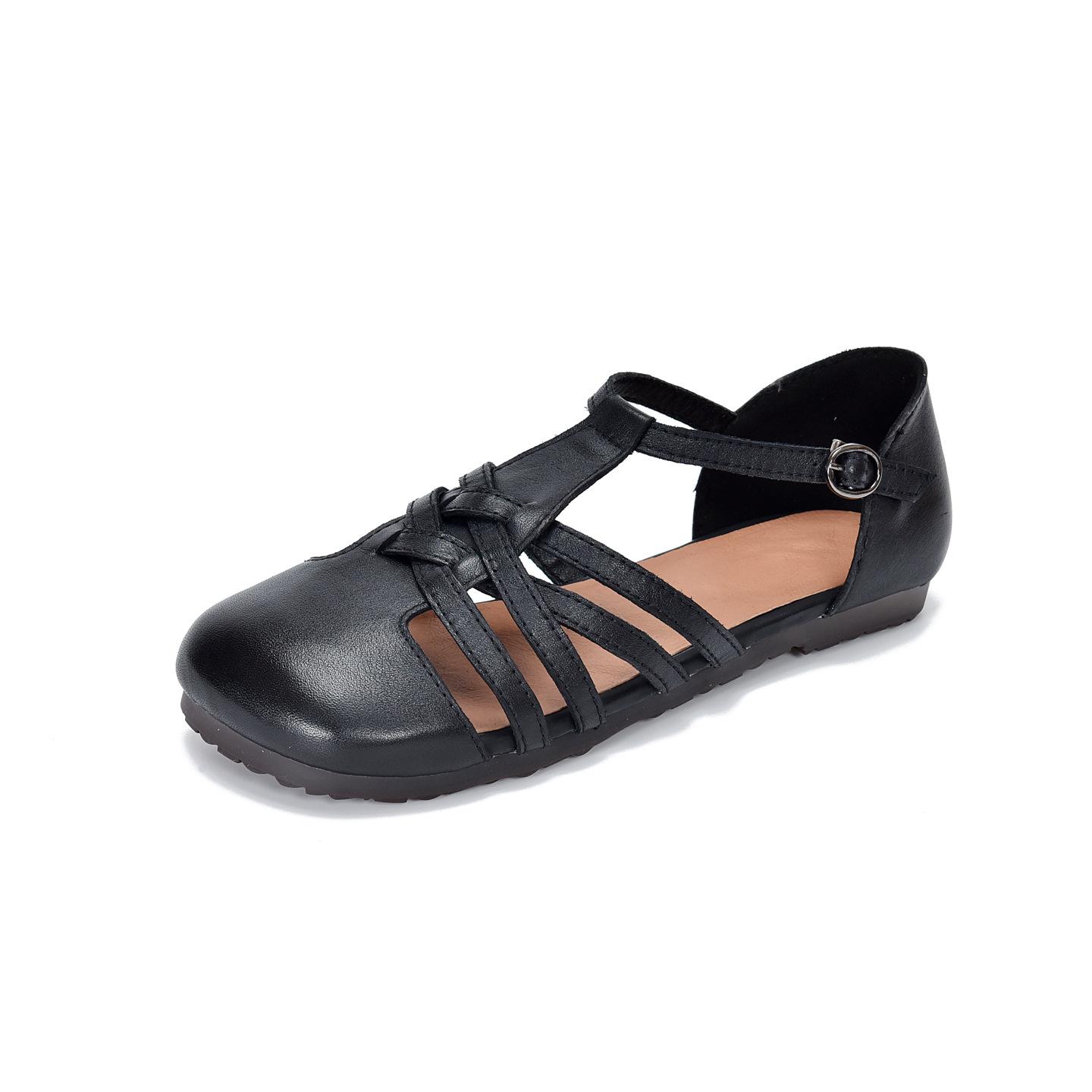 

Johnature Genuine Leather Hollow-out Round Toe Flat Sandals Breathable Soft Soled Versatile Women s Shoes 35 чёрный