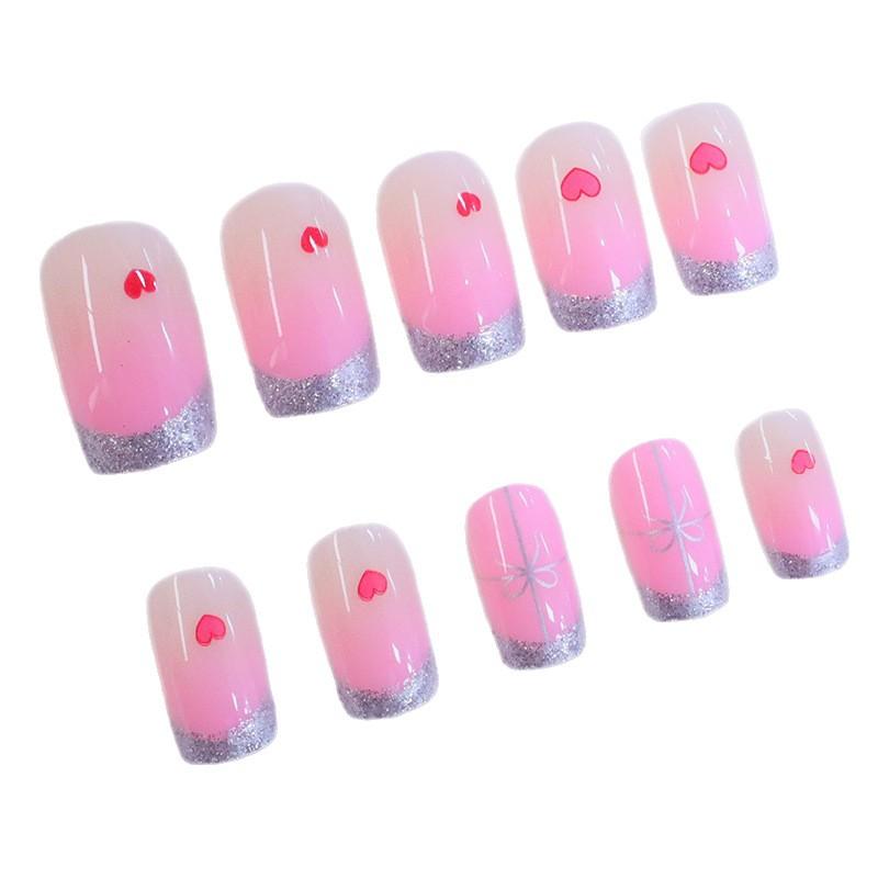 Nail Art Sweet Valentine'S Day Glitter French Pink Gradual Change Love Rectangular Wearing Nail Piece