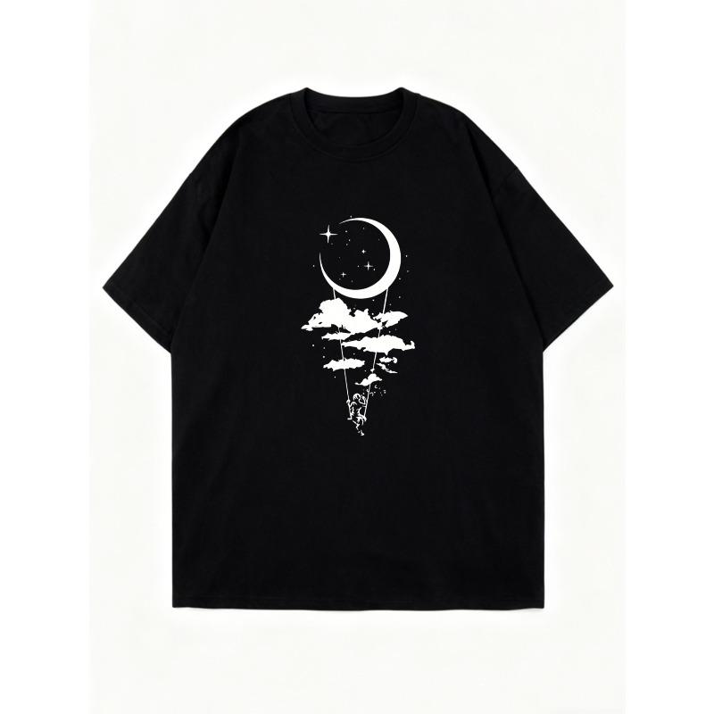 Oversized T Shirt Black Moon Clouds And Stars Print For Casual Wear