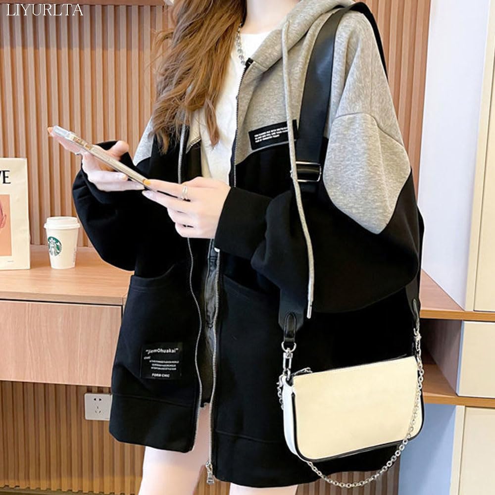 LIYURLTA Loose Fit Hoodie with Fleece Stylish Outerwear for Spring and LIY69 Women's Zip-Up Lining, Autumn, (2XL, Gray)