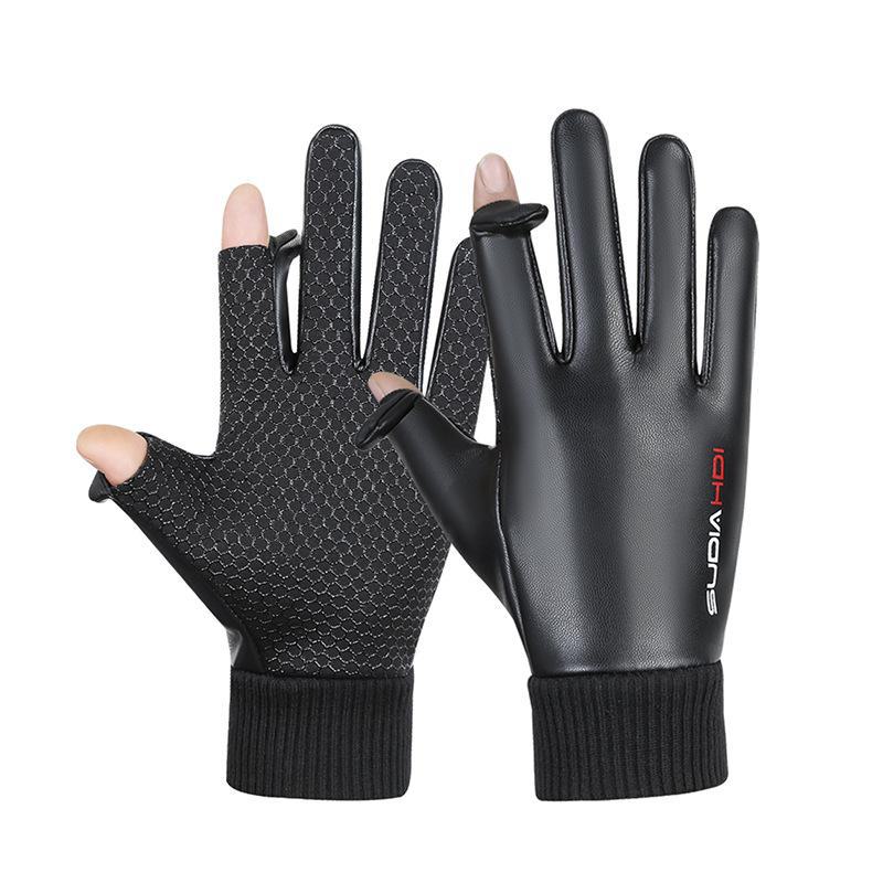 

Мужские водонепроницаемые зимние кожаные перчатки: Ветрозащитный, сенсорный, откидной чехол без пальцев для езды на велосипеде, вождения, рыбалки и поездок на вынос PU cuff flap, One Size