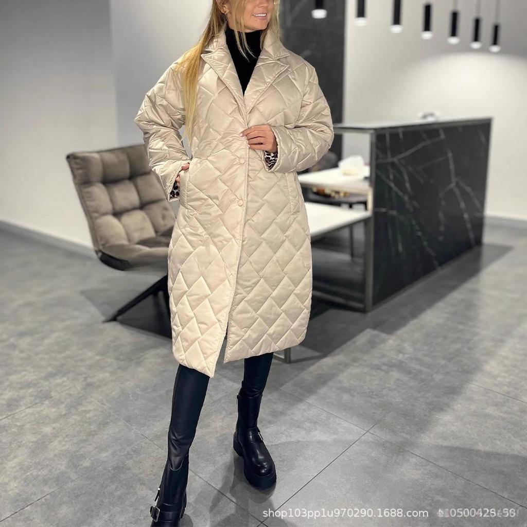 New Autumn and Winter Women's Clothing Shiny Casual Lapel Mid-length Diamond-patterned Cotton Coat