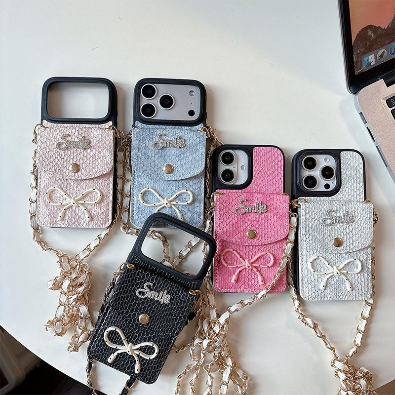 For Apple 16plus Crossbody Coin Purse Mobile Phone Case for IPhone17 Bow Tie Snakeskin Pattern Card Holder 14 Imitation Leather 15