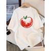 Damen Freizeit T-Shirt mit kurzen Ärmeln und künstlerischem Aquarell-Apfel-Print Weiß mit rotem Design Harajuku Kurzarm