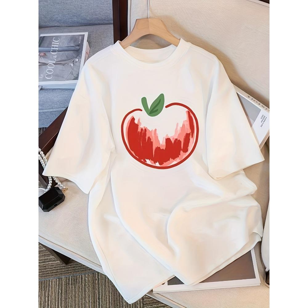 

Women s Casual Short Sleeve T-Shirt with Artistic Watercolor Apple Print White with Red Design Harajuku Short Sleeve S