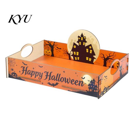 Halloween Candy Tray Witch Decorative Wood Serving with Handle, Ghost Pumpkin Castle Creative Party Supplies Trick or Treat Dessert for Accessories