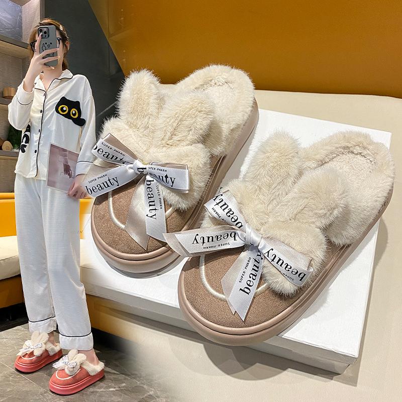 Fashion Women's Cotton Slippers Winter Sweet Thick-soled Wool Cotton Shoes Home Cute Plus Velvet Shoes Women's Warm Anti-ski Boots