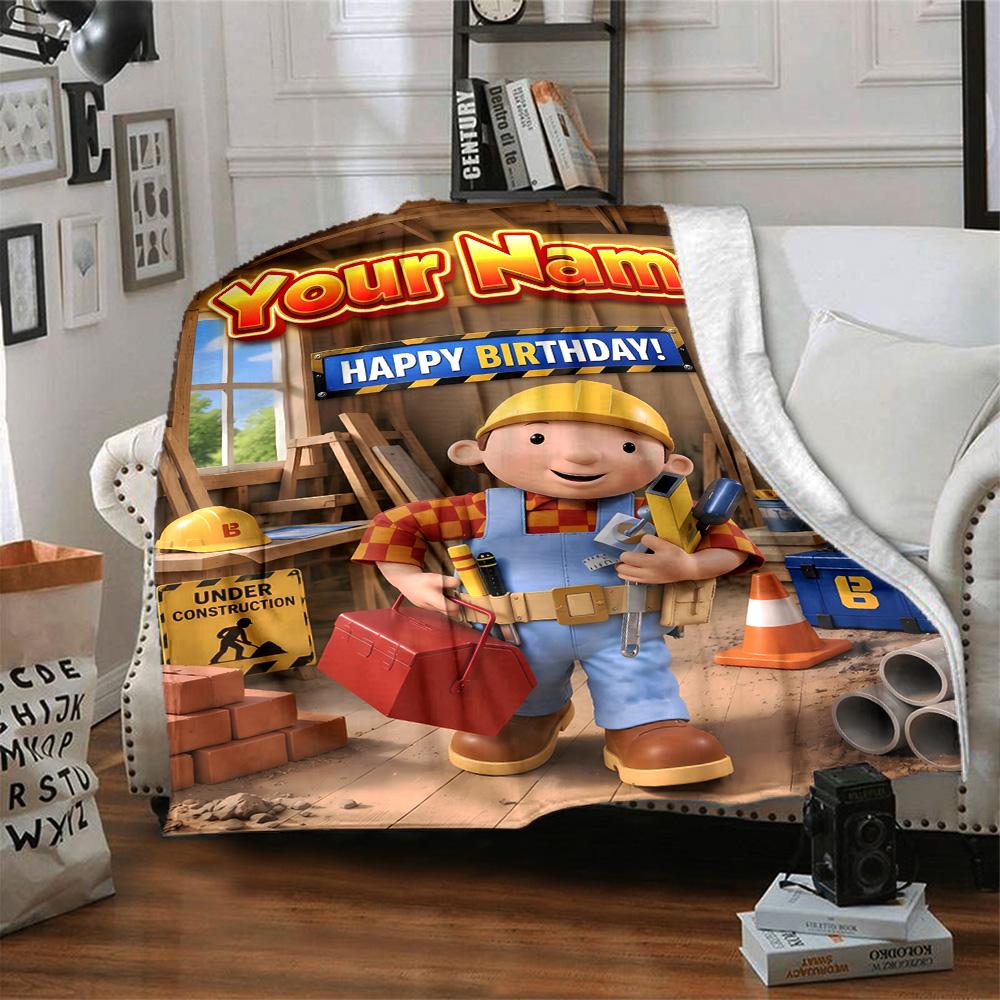 1pc Bob the Build Blanket with Custom Name, Gift, for Men and Women, Soft Blanket, Good for Sofa Bed Couch Travel, Lightweight Flannel Blanket