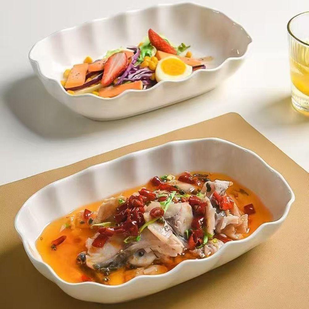 Heat-resistant Ruffled Edge Serving Plate Rectangular Meal Plate Artistic Steamed Fish Plate  Soup