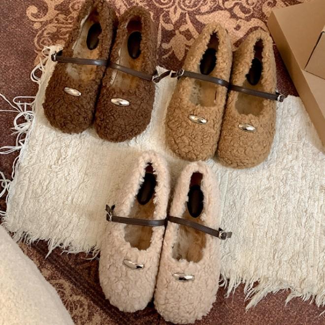 Fashion commuter flat-soled fluffy shoes women's autumn and winter plush round-headed soft-soled Mary Jane cotton shoes