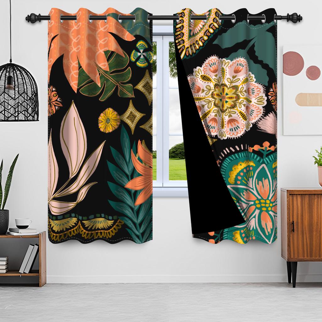 2Pcs/Set Boho Floral Blackout Curtains For Bedroom Vintage Bohemian Tropical Flowers Interior Curtains Grommet Top Window Drapes