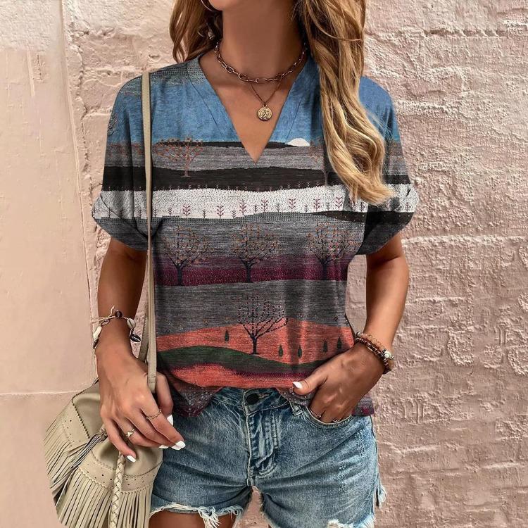 Retro Harajuku Women's Casual V-Neck Short Sleeve Summer Streetwear Pullover T-Shirt Tops New Fashion Stripe Print Tee